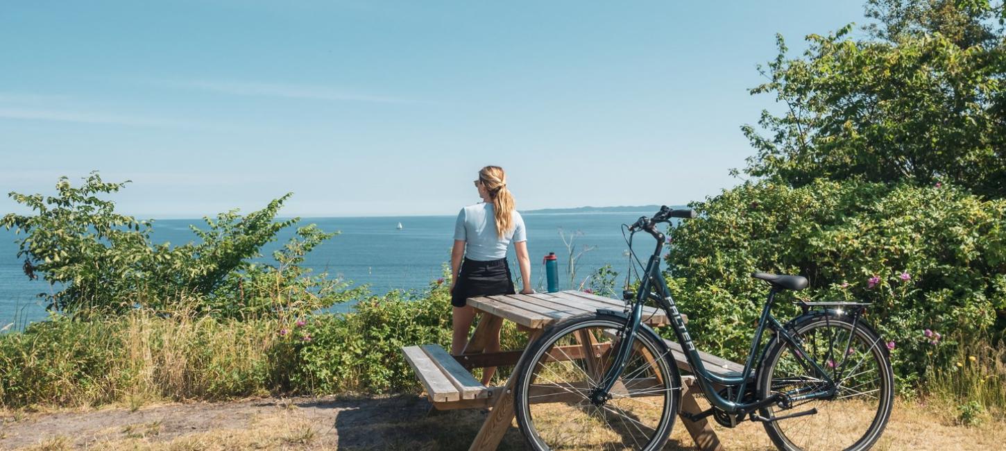 Cyclist looking at the sea on North Sealand, Denmark