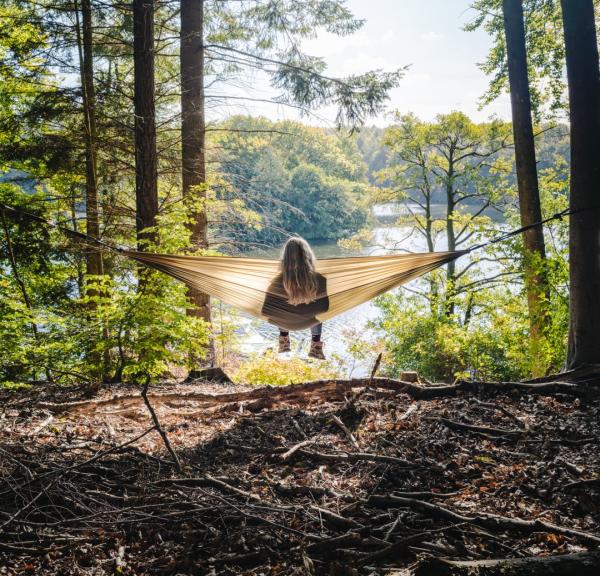 Woman in hammock at Silkeborg, East Jutland