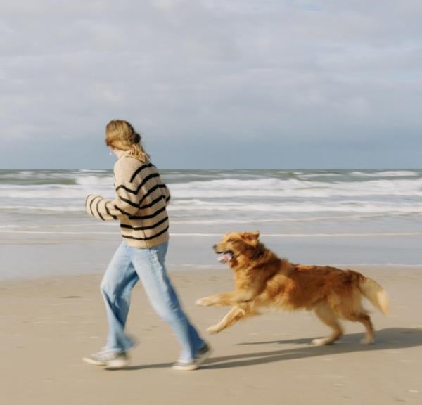 Kind läuft mit Hund am Strand der Dänischen Westküste