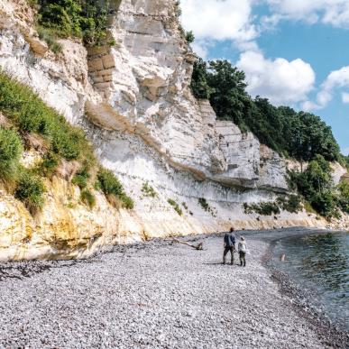 Father and child walking on the beach at Stevns Klint in South Zealand