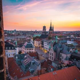 Sunset over shopping street Strøget in Copenhagen